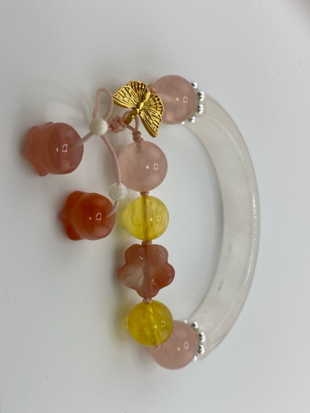 Pink and Yellow Beaded Flower Charm Bracelet with Gold Butterfly Accent - Picture 8 of 12